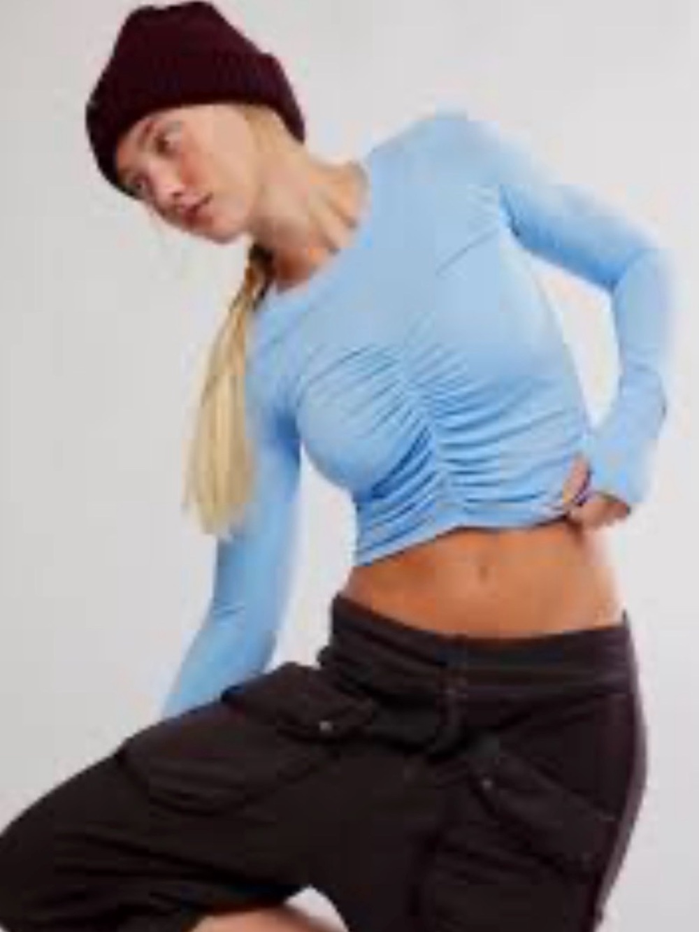 Free People Light Blue Ruched Long-Sleeve Crop Top